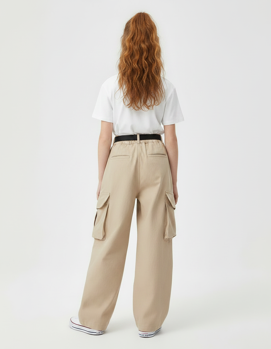 Pantalon Parachute Beige Cargo Ample Fille Décontracté - Toile - vue 2