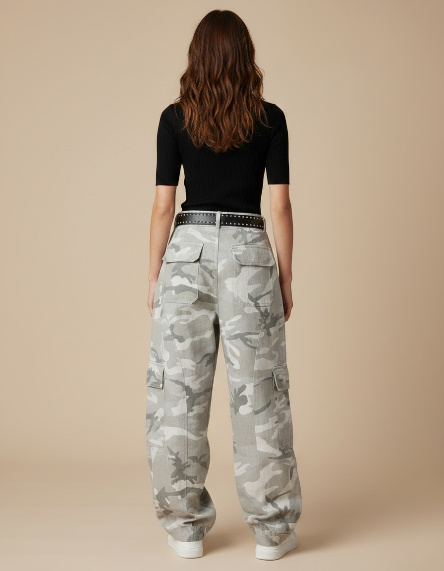 Pantalon Parachute Camouflage Gris Ample Cargo Vintage - Toile - vue 2
