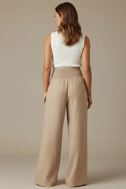 Pantalon Parachute Beige Ample Smocké Lin Femme - vue 2