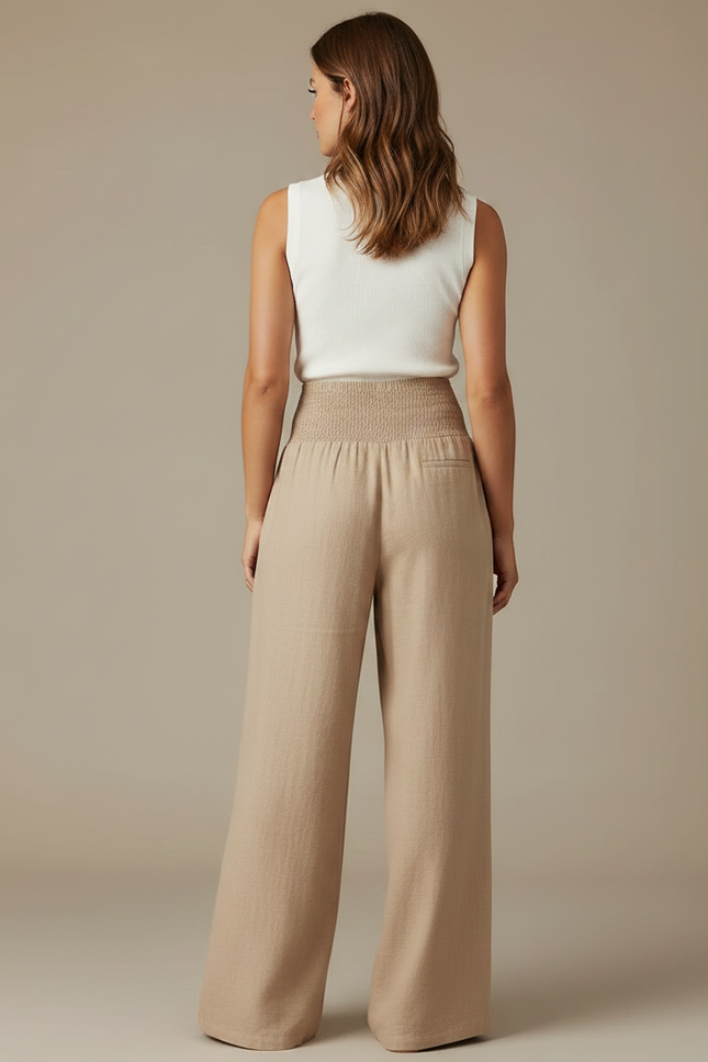 Pantalon Parachute Beige Ample Smocké Lin Femme - vue 2