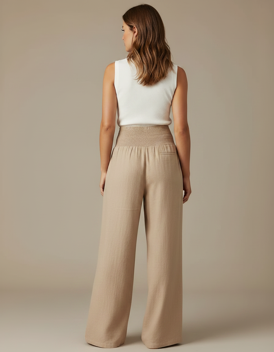 Pantalon Parachute Beige Ample Smocké Lin Femme - vue 2
