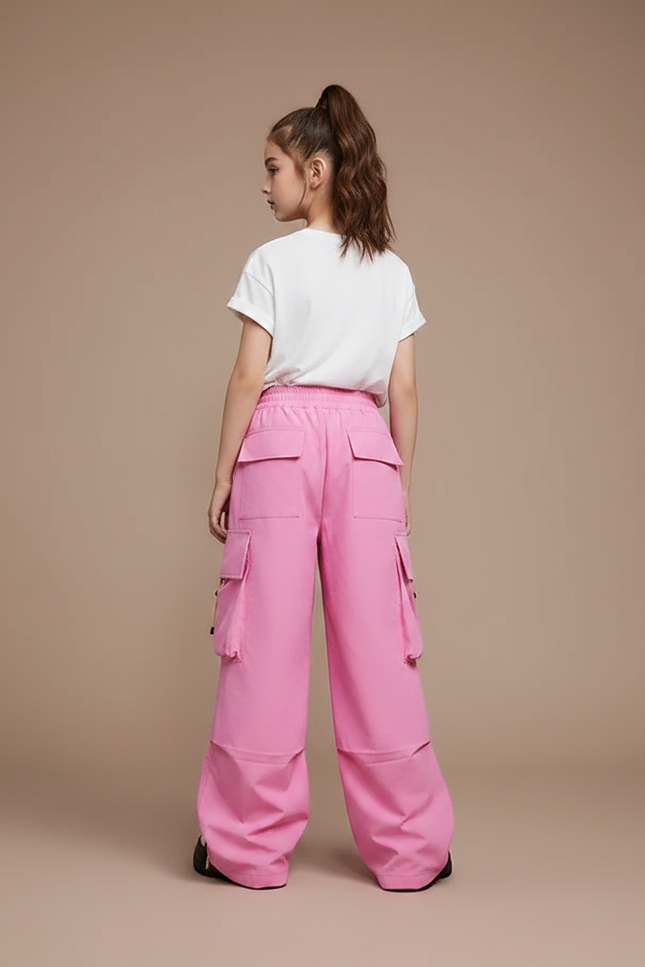 Pantalon Parachute Rose Cargo Ample Fille Décontracté - Polyester - vue 2