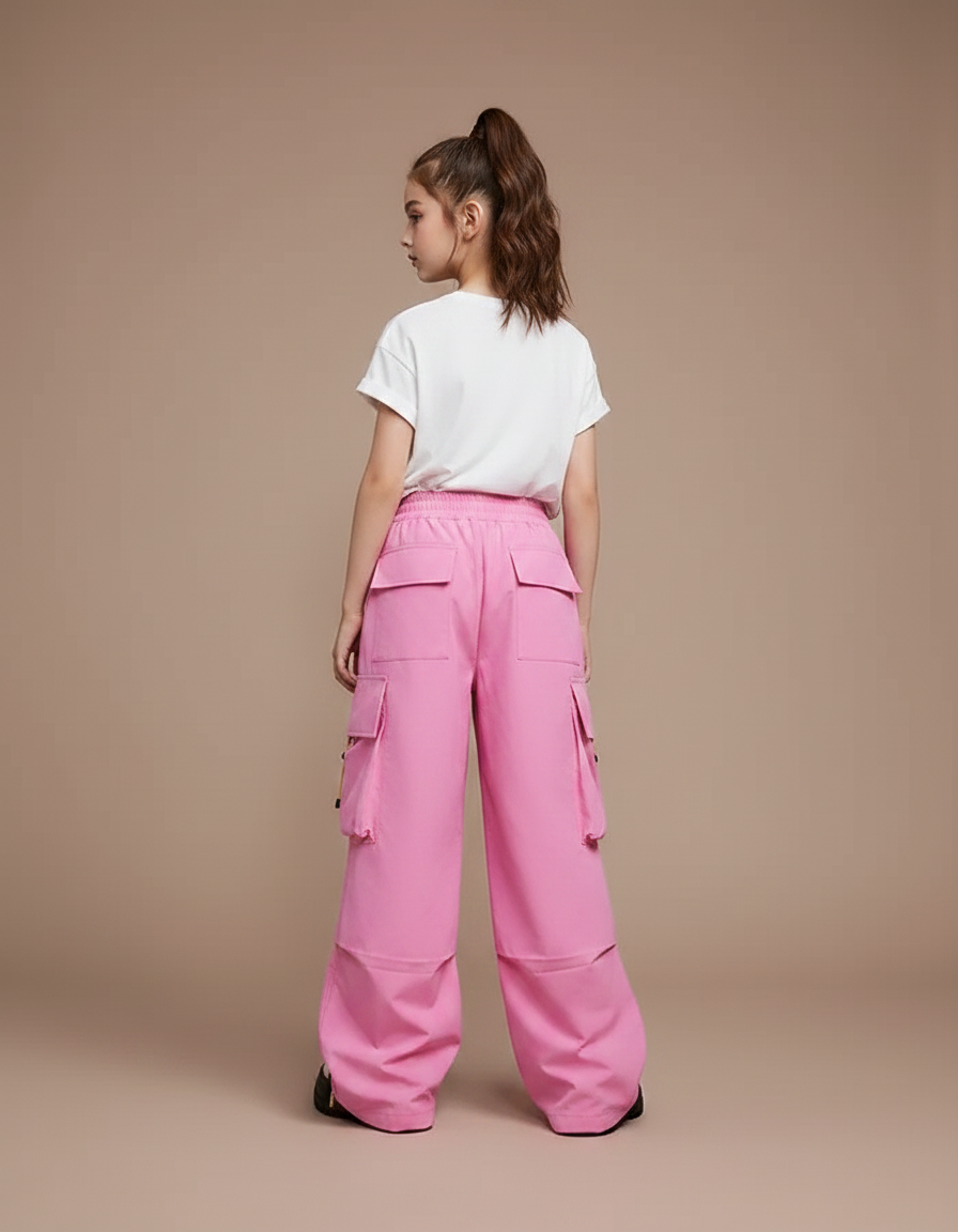 Pantalon Parachute Rose Cargo Ample Fille Décontracté - Polyester - vue 2