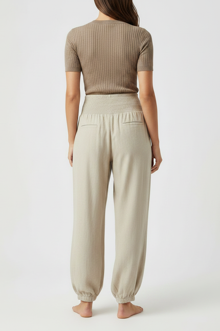 Pantalon Parachute Beige Ample Fluide Smocké Femme - Lin - vue 2