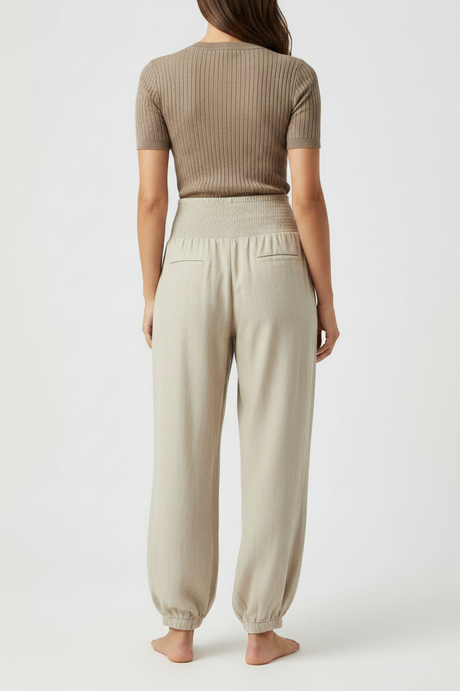 Pantalon Parachute Beige Ample Fluide Smocké Femme - Lin - vue 2