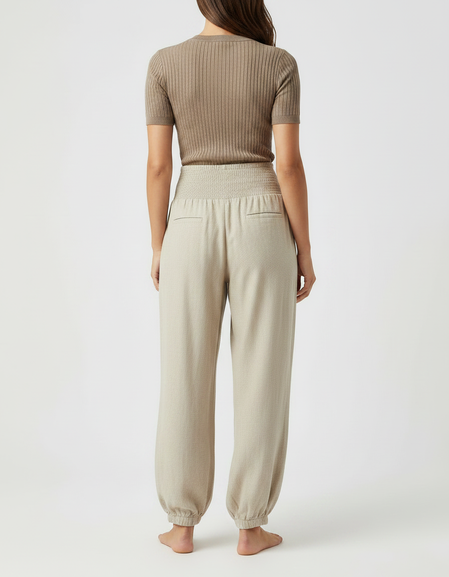 Pantalon Parachute Beige Ample Fluide Smocké Femme - Lin - vue 2