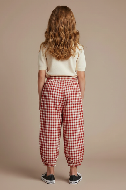 Pantalon Parachute Vichy Rouge Coton Ample Fille - vue 2