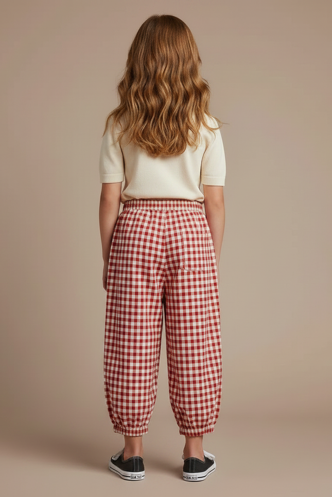 Pantalon Parachute Vichy Rouge Coton Ample Fille - vue 2