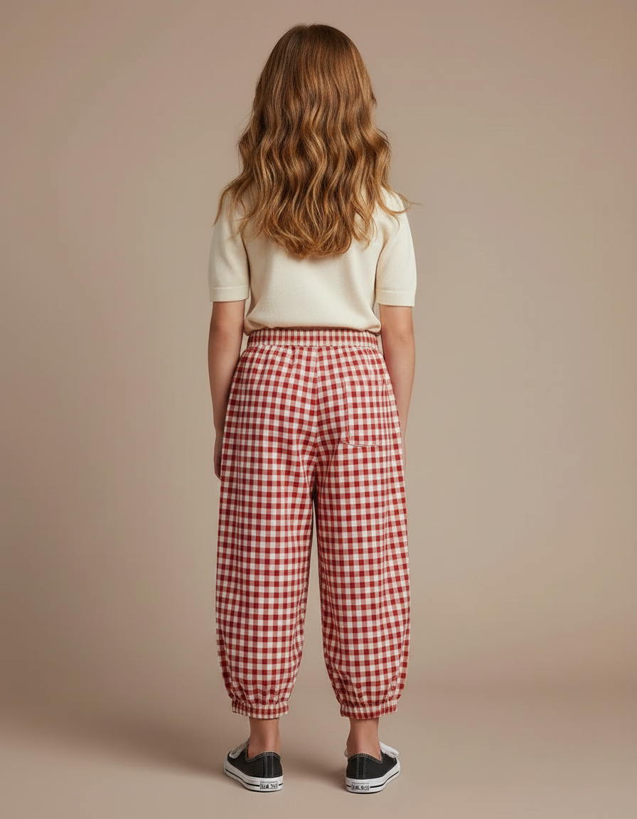 Pantalon Parachute Vichy Rouge Coton Ample Fille - vue 2
