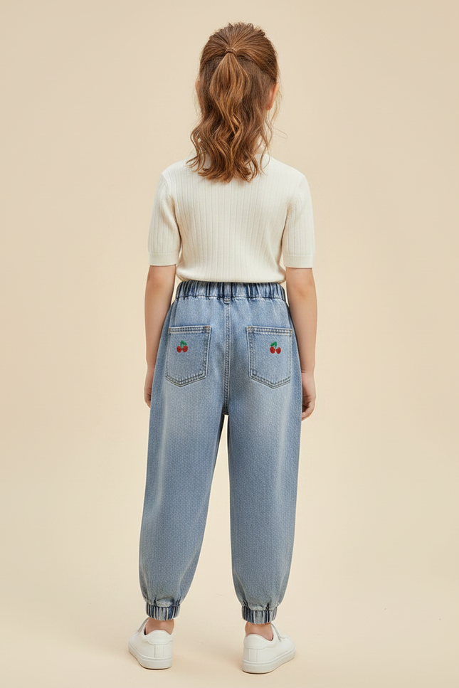Pantalon Parachute Enfant Jean Ample Cerises Brodé - Bleu - vue 2