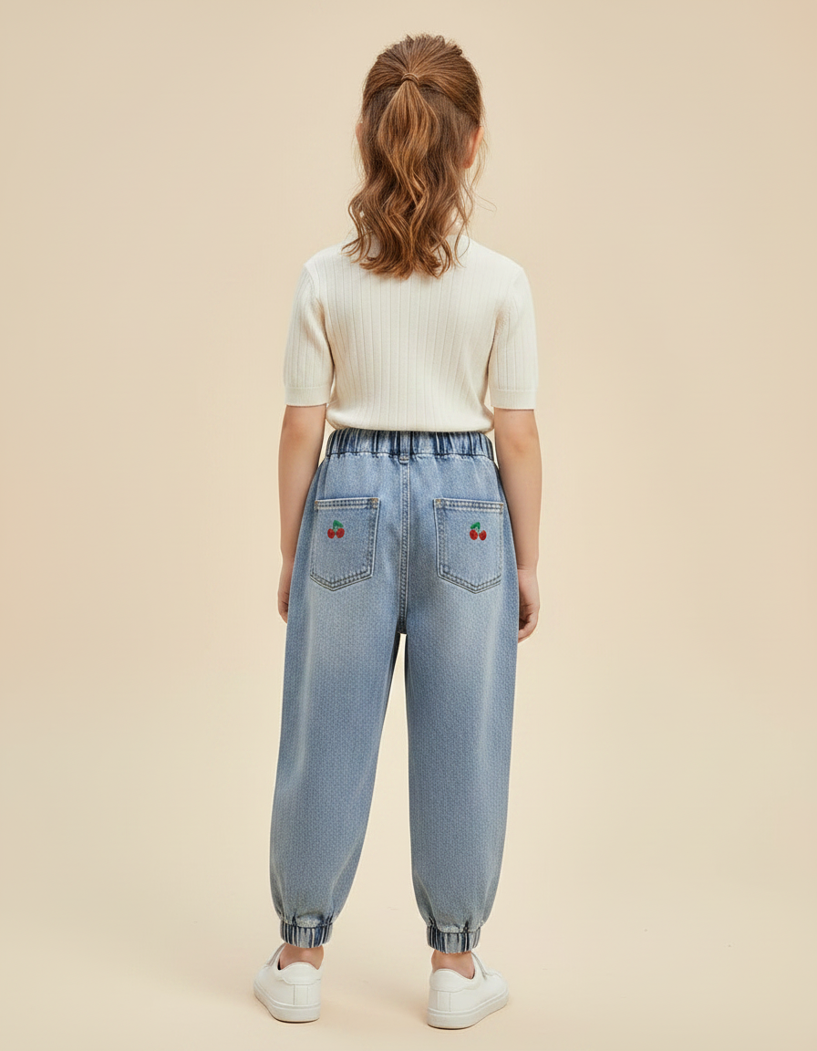 Pantalon Parachute Enfant Jean Ample Cerises Brodé - Bleu - vue 2