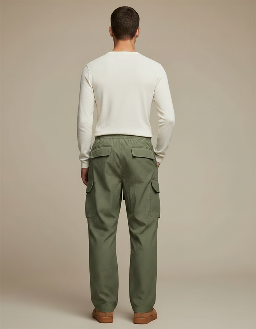 Pantalon Parachute Vert Ample Décontracté Homme Cargo - Kaki Polyester - vue 2