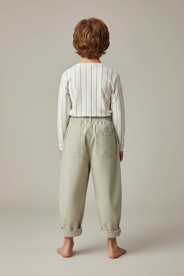 Pantalon Parachute Vert Ample Coton Enfant Décontracté - Kaki Toile - vue 2