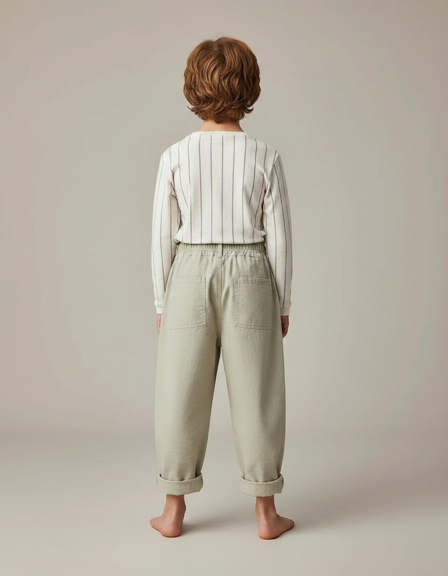 Pantalon Parachute Vert Ample Coton Enfant Décontracté - Kaki Toile - vue 2