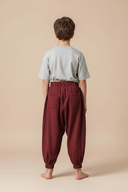 Pantalon Parachute Bordeaux Ample Cordon Décontracté - Lin - vue 2