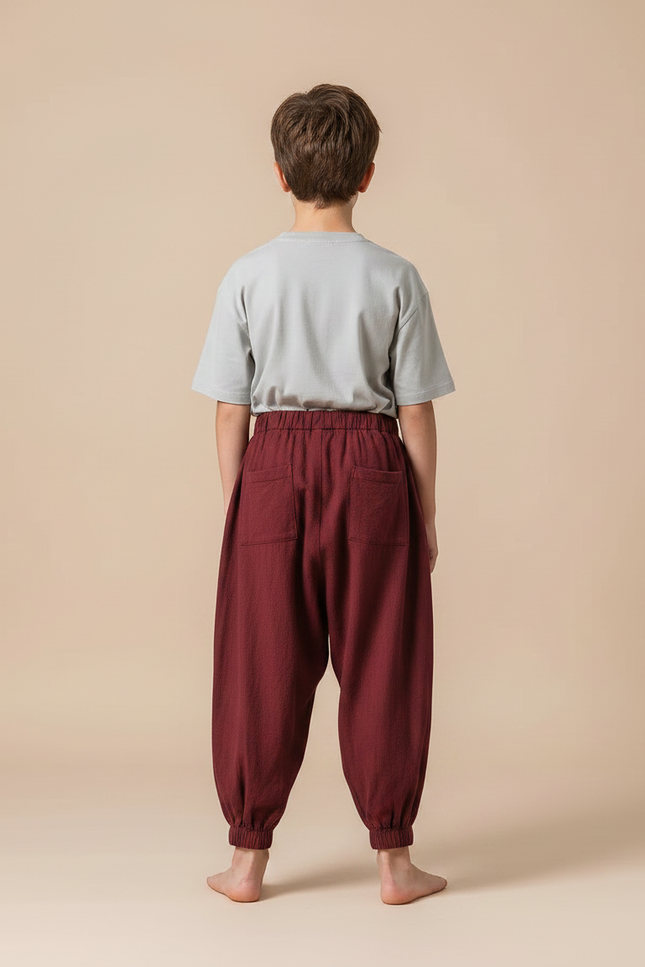 Pantalon Parachute Bordeaux Ample Cordon Décontracté - Lin - vue 2
