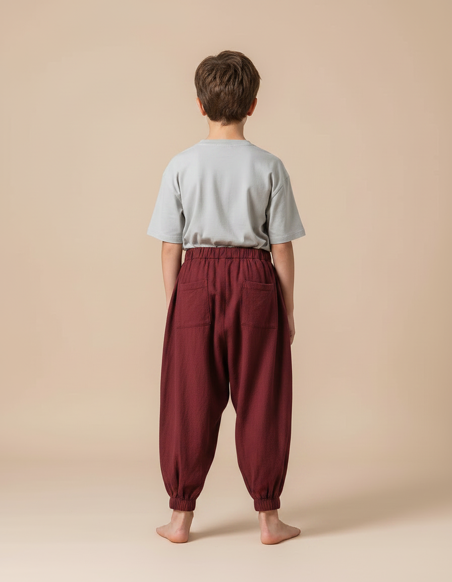 Pantalon Parachute Bordeaux Ample Cordon Décontracté - Lin - vue 2