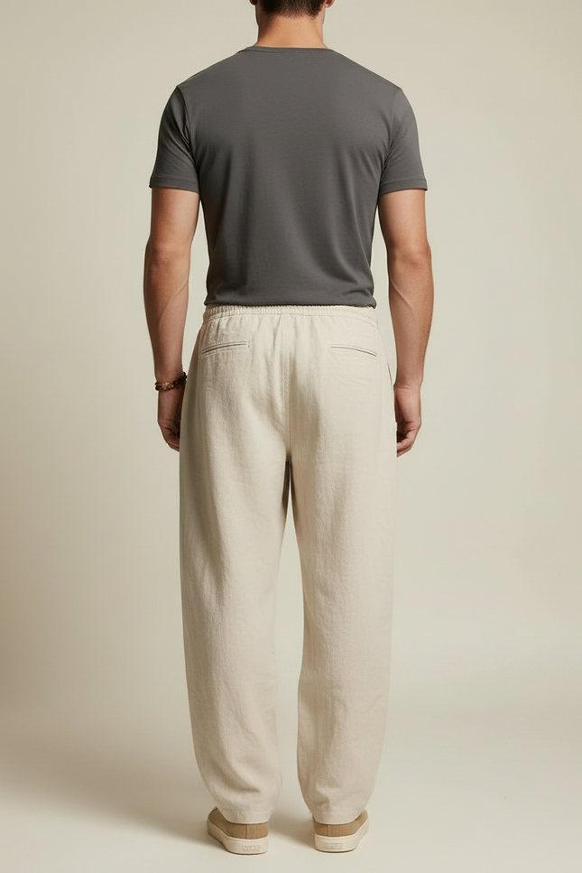 Pantalon Parachute Beige Lin Ample Cordon Décontracté Homme - vue 2
