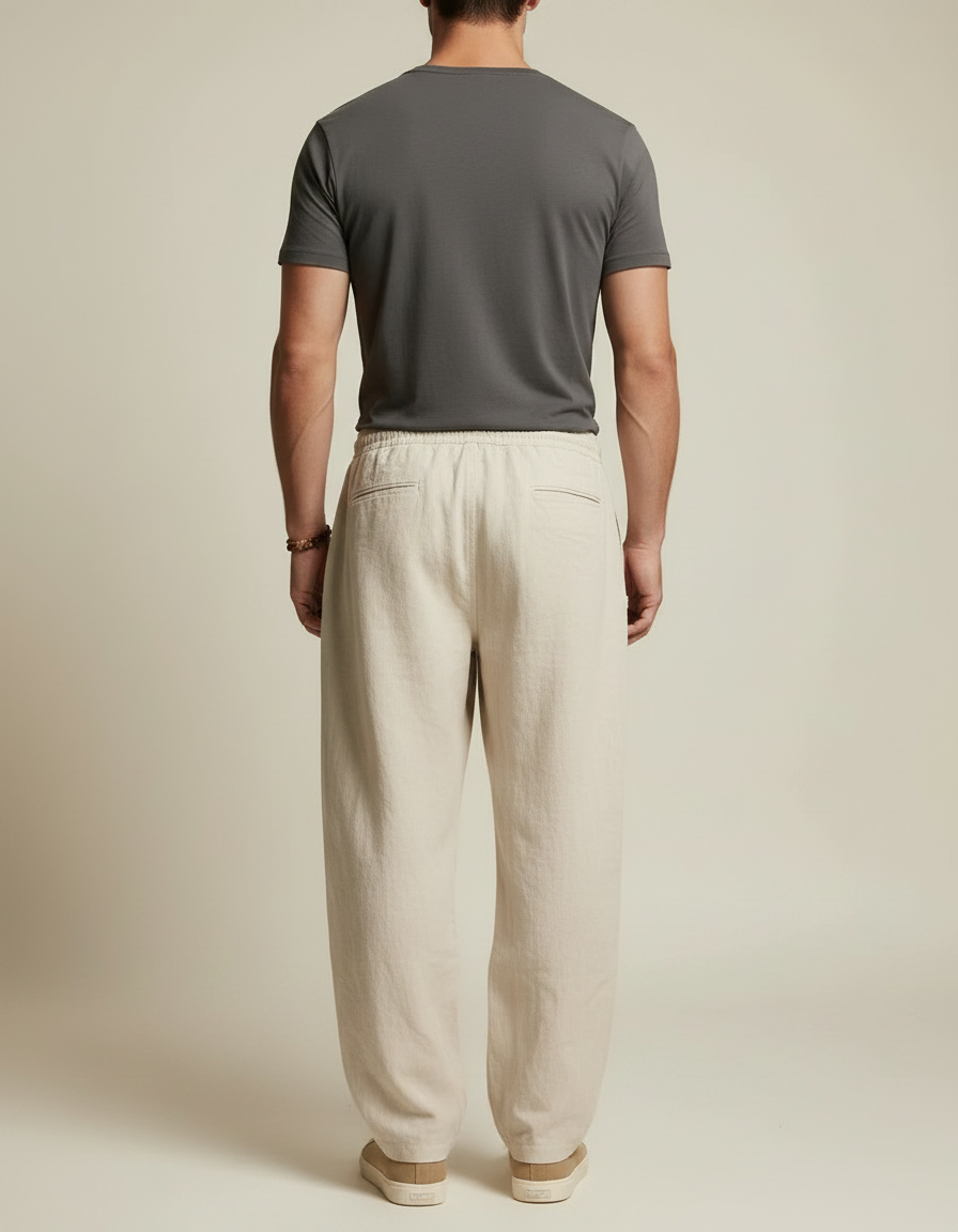 Pantalon Parachute Beige Lin Ample Cordon Décontracté Homme - vue 2