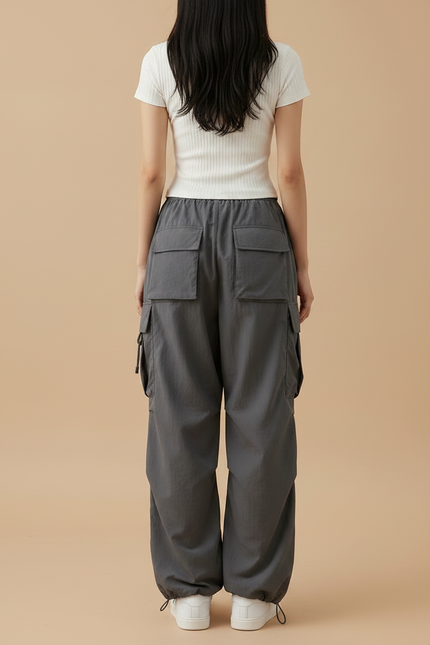 Pantalon Parachute Gris Femme Ample Cargo Streetwear - Polyester - vue 2