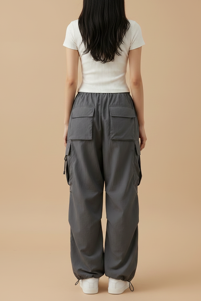 Pantalon Parachute Gris Femme Ample Cargo Streetwear - Polyester - vue 2