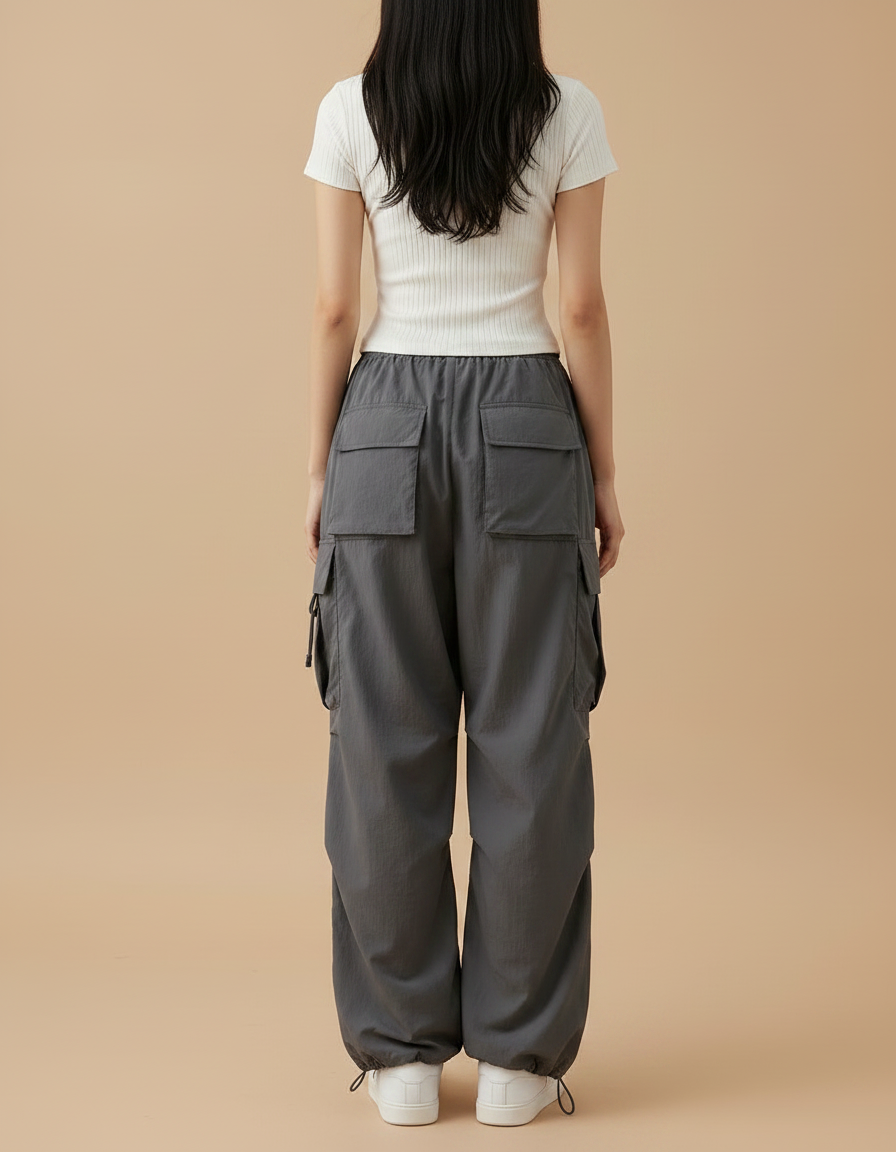 Pantalon Parachute Gris Femme Ample Cargo Streetwear - Polyester - vue 2
