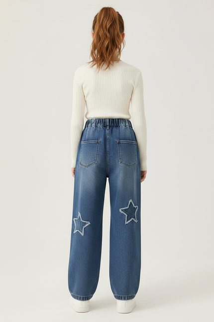 Pantalon Parachute Denim Étoiles Ample Fille - Bleu Jean - vue 2