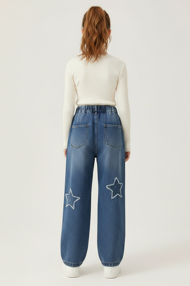 Pantalon Parachute Denim Étoiles Ample Fille - Bleu Jean - vue 2