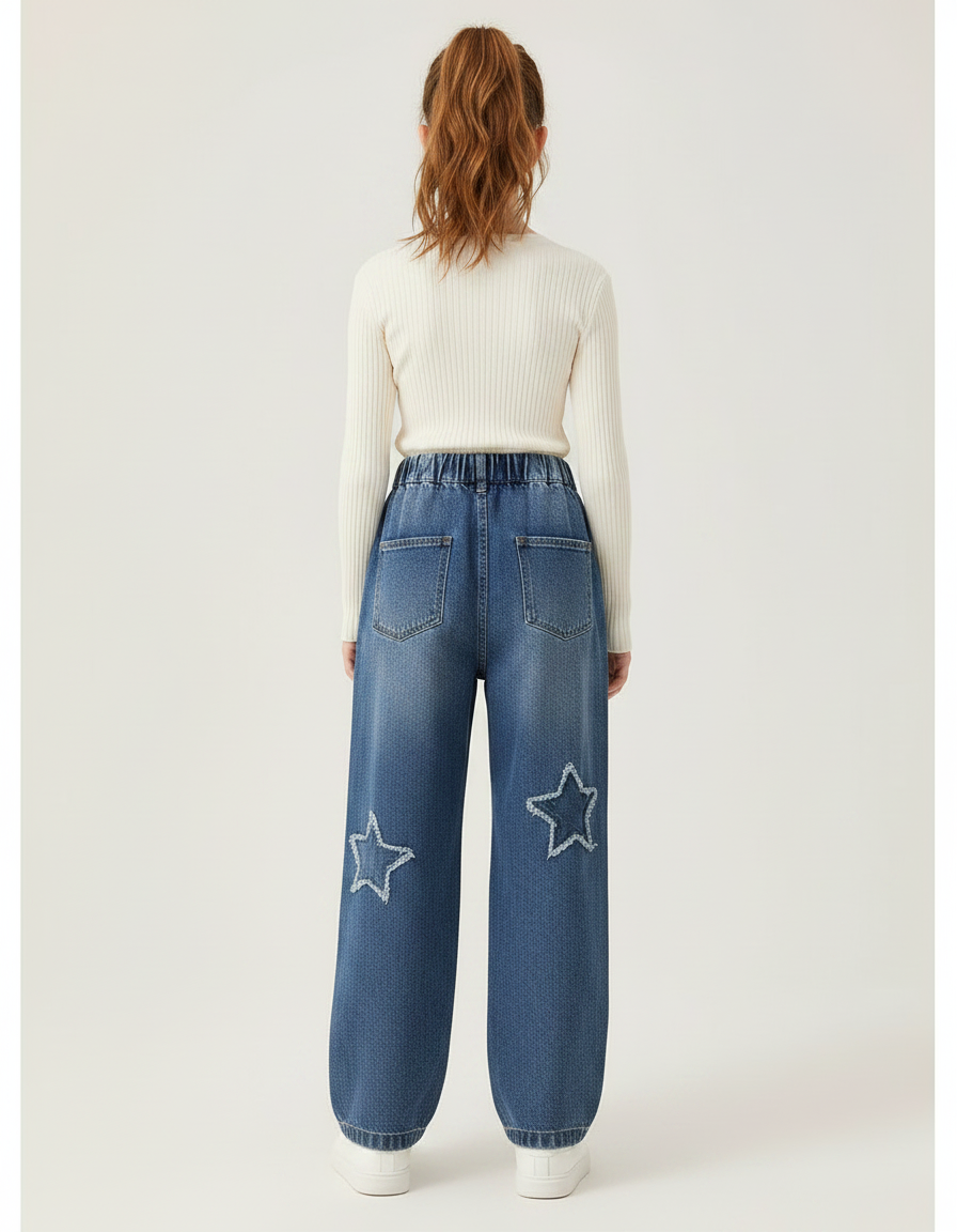 Pantalon Parachute Denim Étoiles Ample Fille - Bleu Jean - vue 2