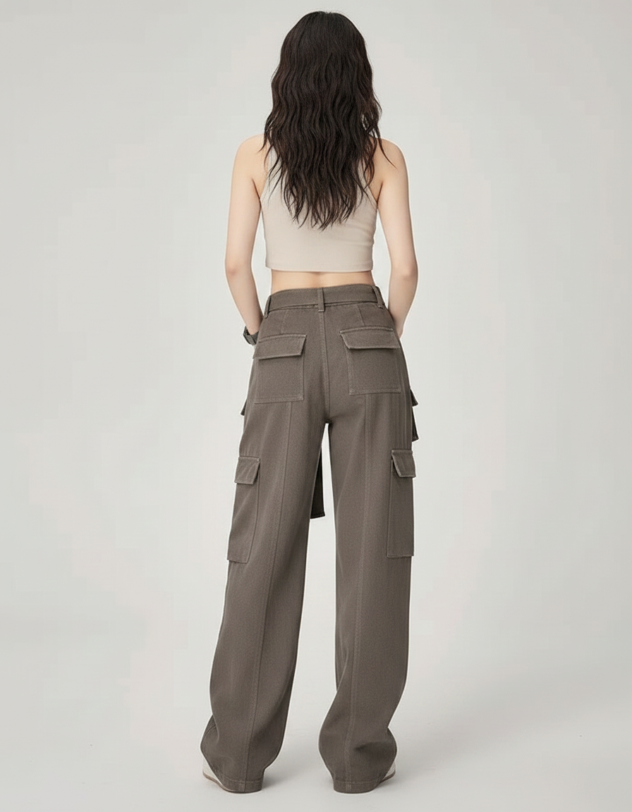 Pantalon Parachute Cargo Ample Streetwear Femme - Kaki Toile - vue 2