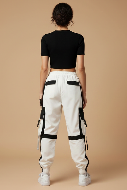 Pantalon Parachute Bicolore Cargo Femme Techwear - Blanc Polyester - vue 2