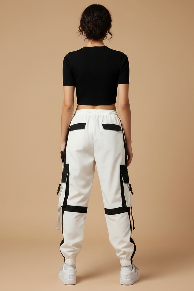 Pantalon Parachute Bicolore Cargo Femme Techwear - Blanc Polyester - vue 2
