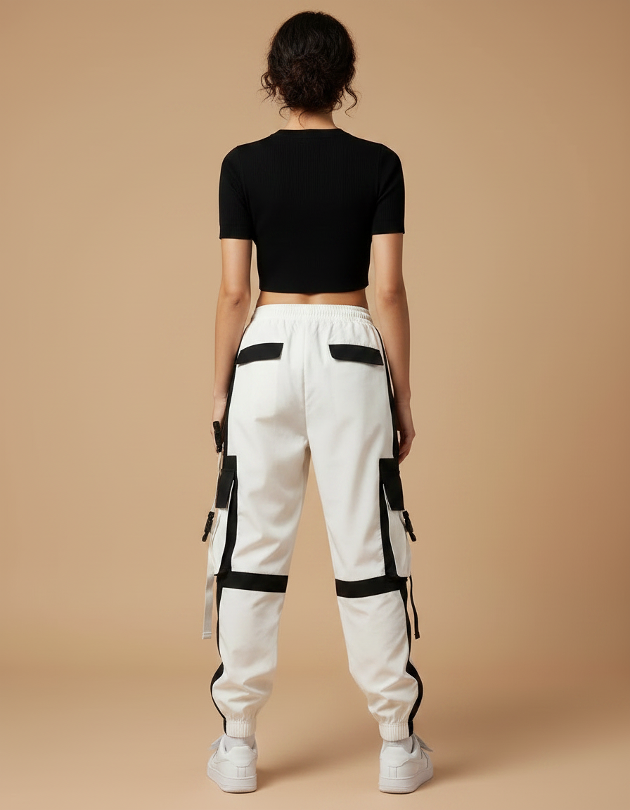 Pantalon Parachute Bicolore Cargo Femme Techwear - Blanc Polyester - vue 2
