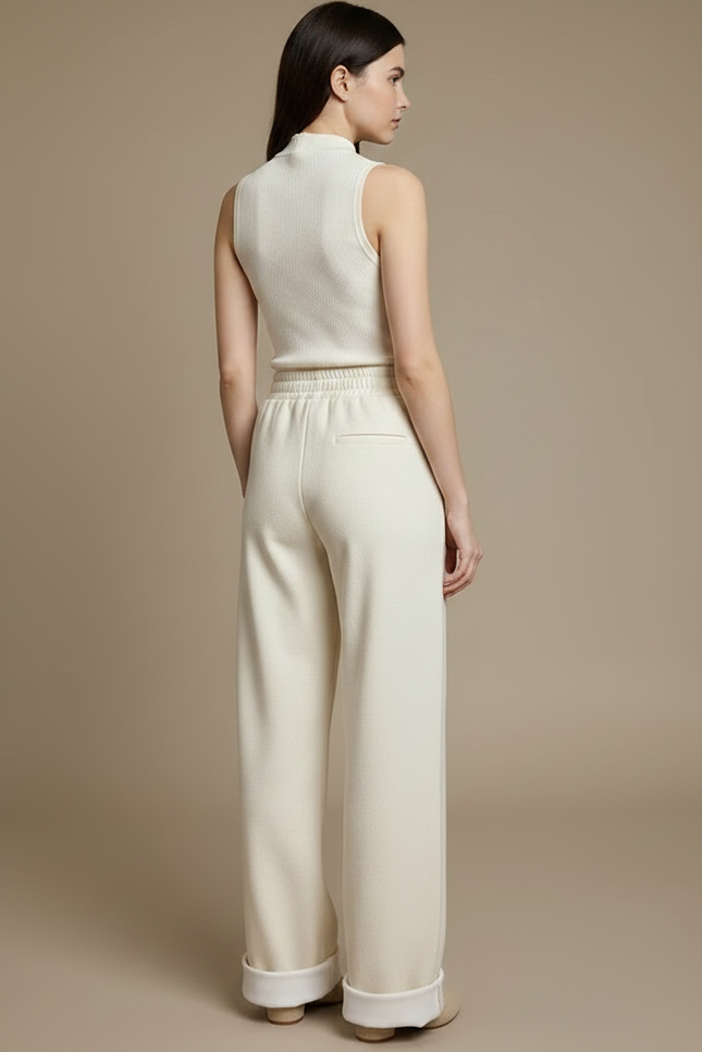 Pantalon Parachute Crème Ample Laine Droit Doux - Beige Molleton - vue 2