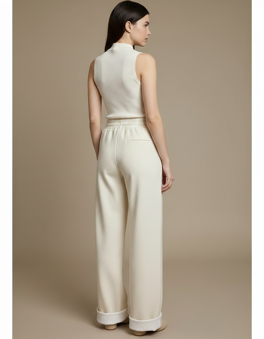 Pantalon Parachute Crème Ample Laine Droit Doux - Beige Molleton - vue 2