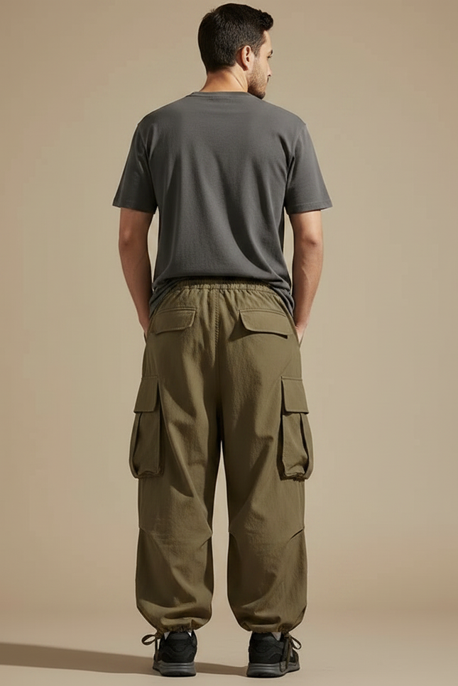 Pantalon Parachute Kaki Ample Streetwear Multipoches Homme - Toile - vue 2
