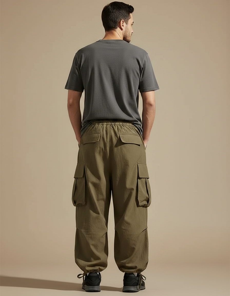 Pantalon Parachute Kaki Ample Streetwear Multipoches Homme - Toile - vue 2