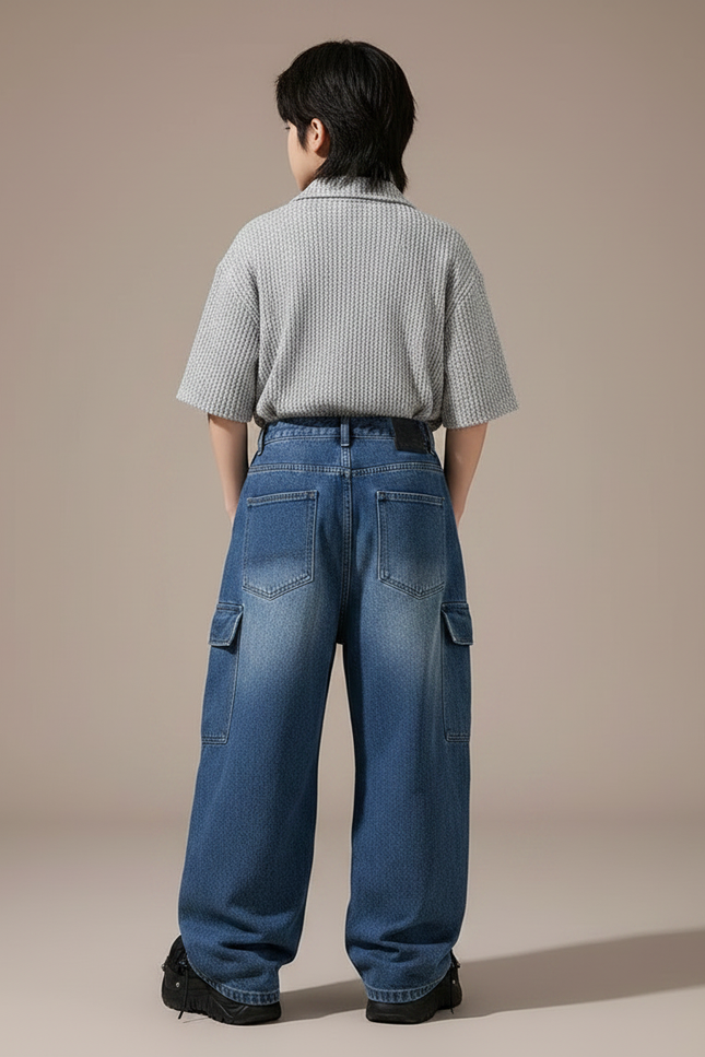 Pantalon Parachute Denim Bleu Ample Cargo Enfant - Jean - vue 2