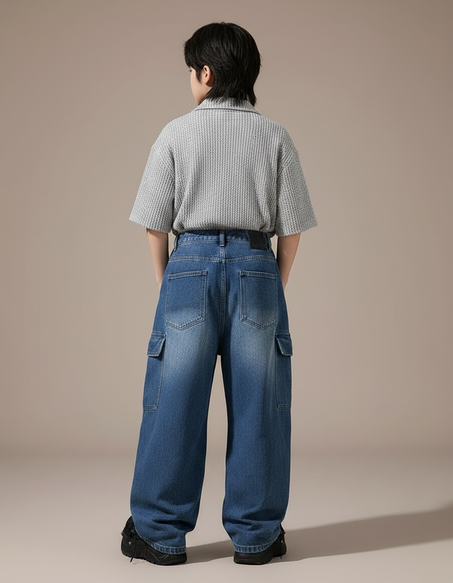 Pantalon Parachute Denim Bleu Ample Cargo Enfant - Jean - vue 2