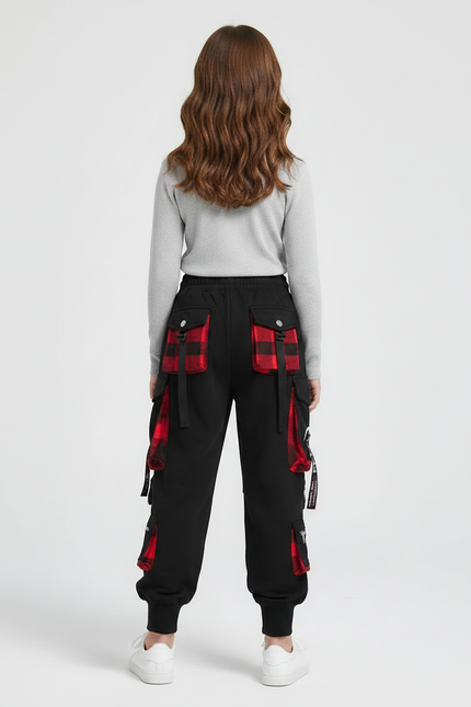 Pantalon Parachute Noir Cargo Carreaux Rouges Ample - Molleton - vue 2