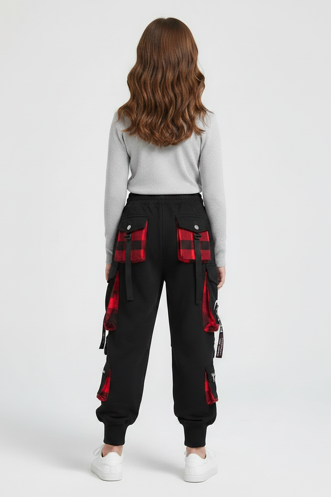Pantalon Parachute Noir Cargo Carreaux Rouges Ample - Molleton - vue 2