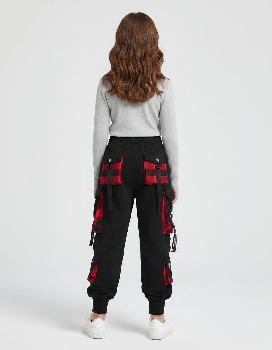 Pantalon Parachute Noir Cargo Carreaux Rouges Ample - Molleton - vue 2