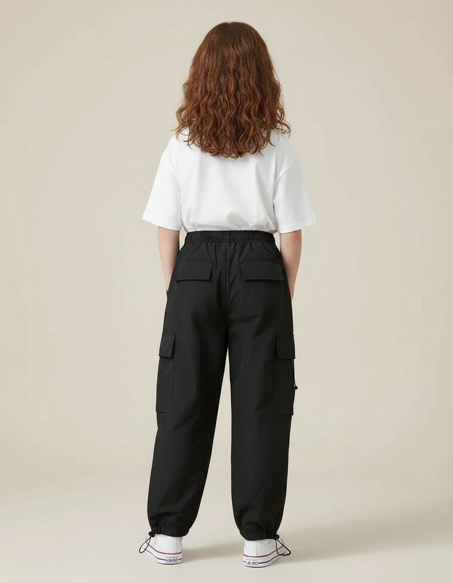 Pantalon Parachute Noir Cargo Ample Enfants Unisexe - Polyester - vue 2