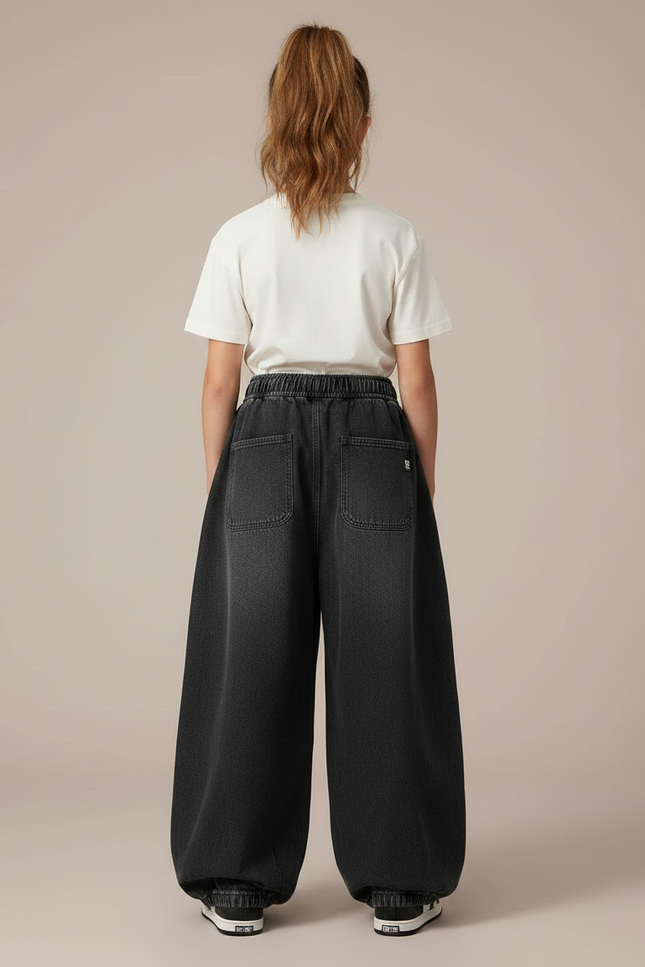 Pantalon Parachute Cargo Denim Noir Ample Enfant - Jean - vue 2