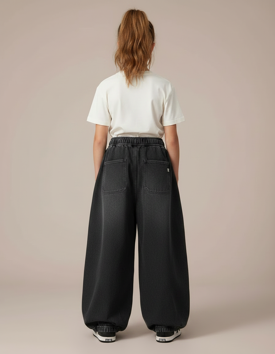 Pantalon Parachute Cargo Denim Noir Ample Enfant - Jean - vue 2