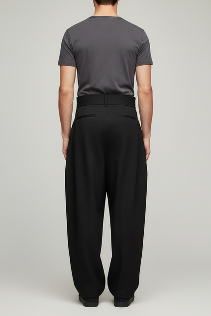 Pantalon Parachute Noir Plissé Ample Taille Haute Homme - Gabardine - vue 2