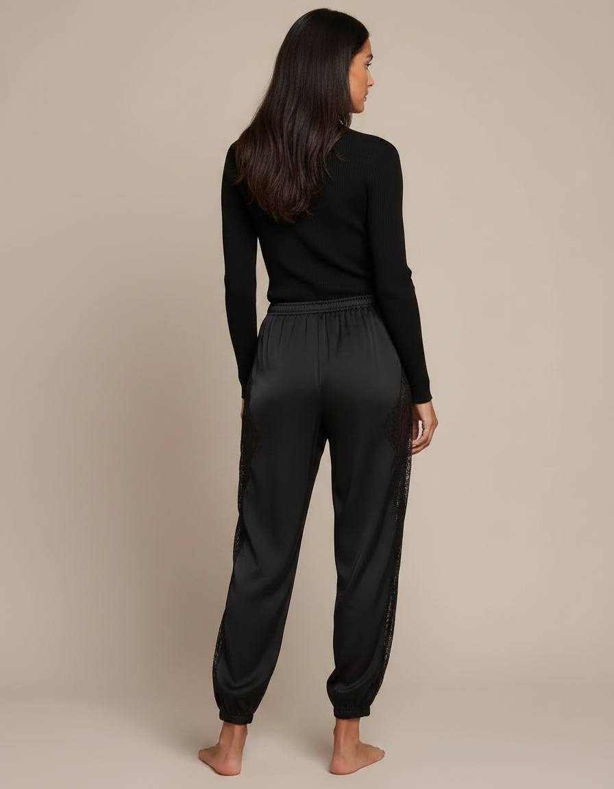 Pantalon Parachute Noir Satiné Dentelle Fluide Élégant - vue 2