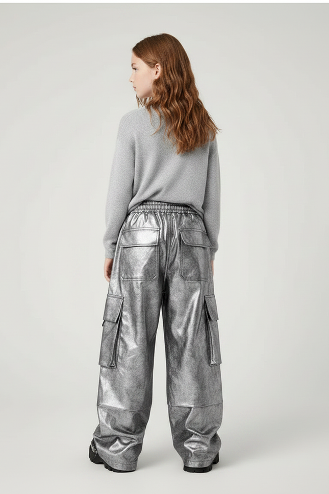 Pantalon Parachute Métallisé Cargo Ample Enfant Argenté - Simili cuir - vue 2