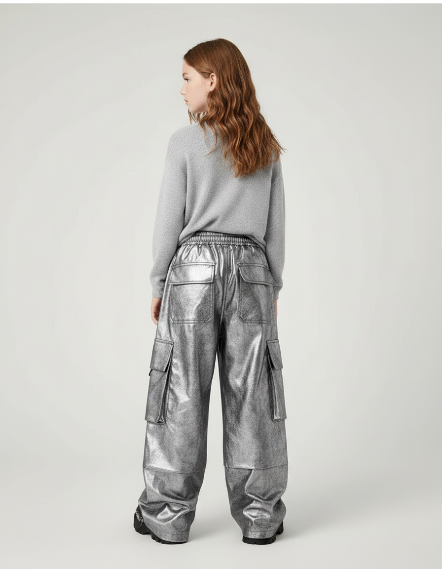 Pantalon Parachute Métallisé Cargo Ample Enfant Argenté - Simili cuir - vue 2