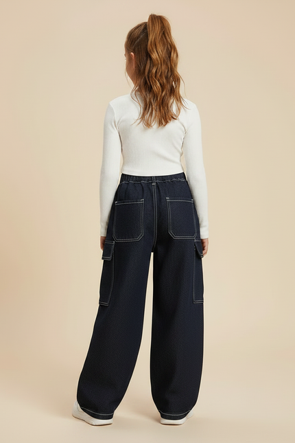 Pantalon Parachute Denim Ample Cargo Bleu Marine Fille - Jean - vue 2